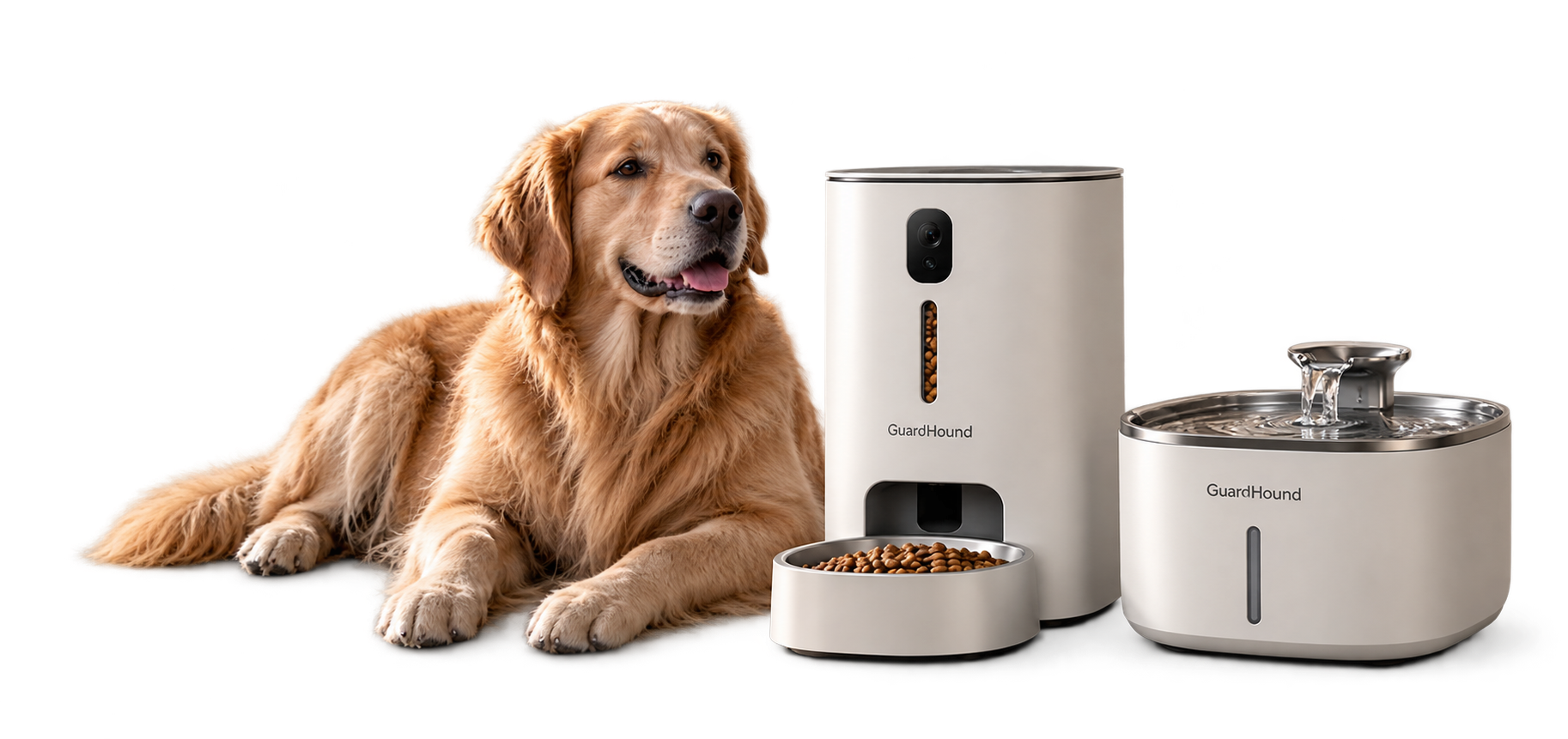 Comedero inteligente, fuente de agua inteligente GuardHound y un golden retriever