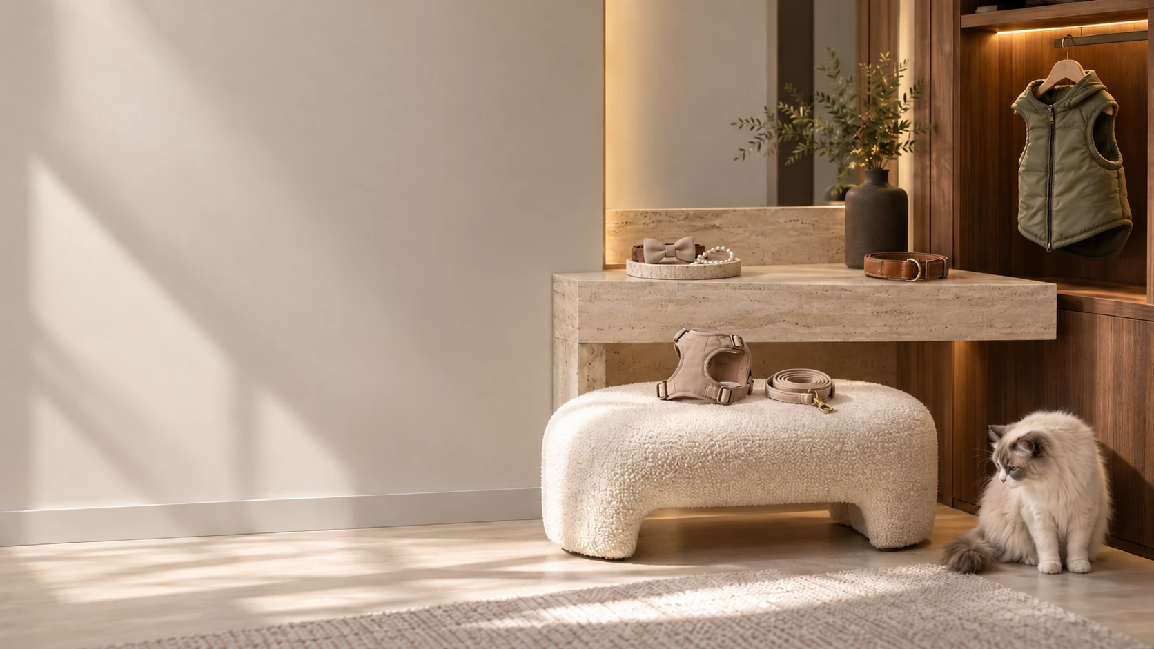 Zona de recibidor y perchero en vivienda moderna premium · armario abierto de nogal sobre pared greige: abrigo de mascota oliva colgado, taburete de tejido crema con arnés y correa enrollada, collar de localización de piel a la derecha sobre travertino, pajarita y collar de perlas en bandeja de piedra a la izquierda · rincón de una casa con gato