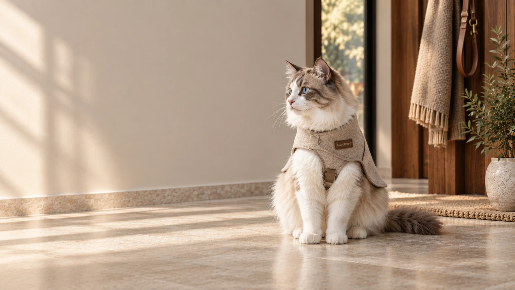 Un vestidor de recibidor refinado donde el gato se sienta con naturalidad, con un abrigo color avena suave y a su medida