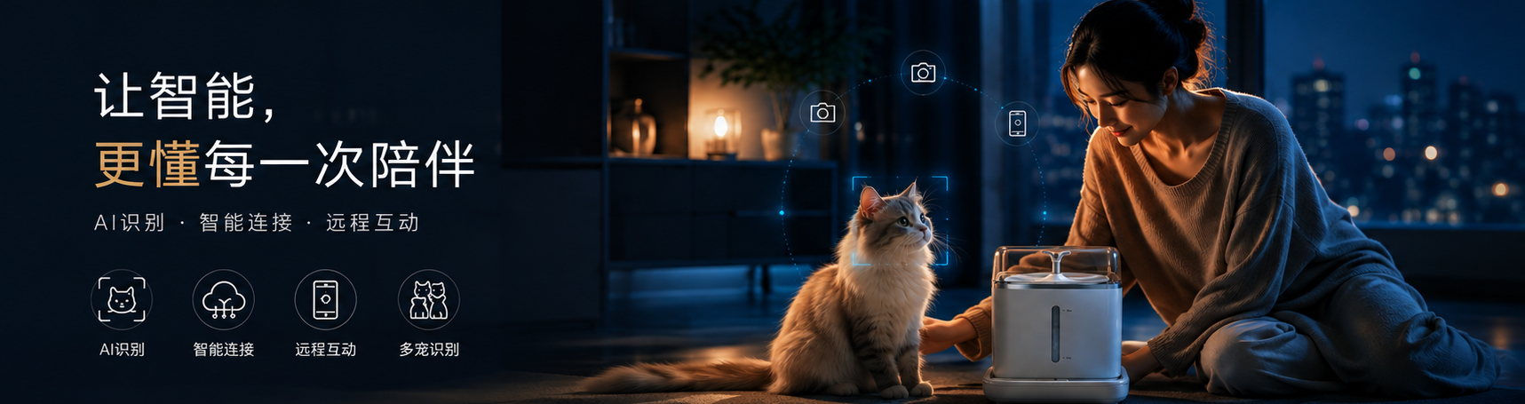 Una tecnología que entiende cada momento compartido · Identificación con IA · Conexión inteligente · Interacción remota · Identificación de varios gatos