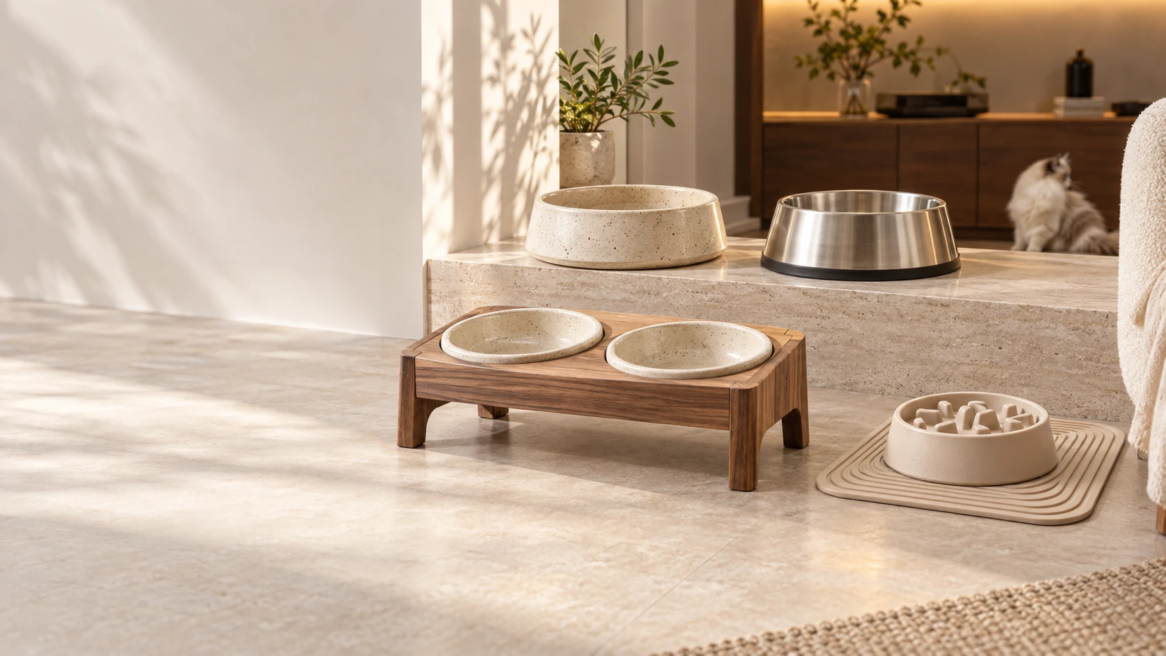 Rincón de comedor moderno premium · cuatro piezas de vajilla para gatos como protagonistas: cuenco de cerámica crema esmaltada y cuenco de acero a ambos lados sobre travertino, comedero elevado doble de nogal al centro y comedero lento con mantel antideslizante a la derecha · rincón de una casa con gato