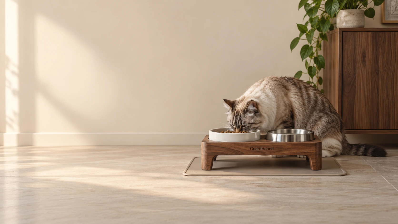 Un rincón de cocina con luz de mañana: cuencos de cerámica sobre un soporte doble de madera maciza y el gato esperando en silencio