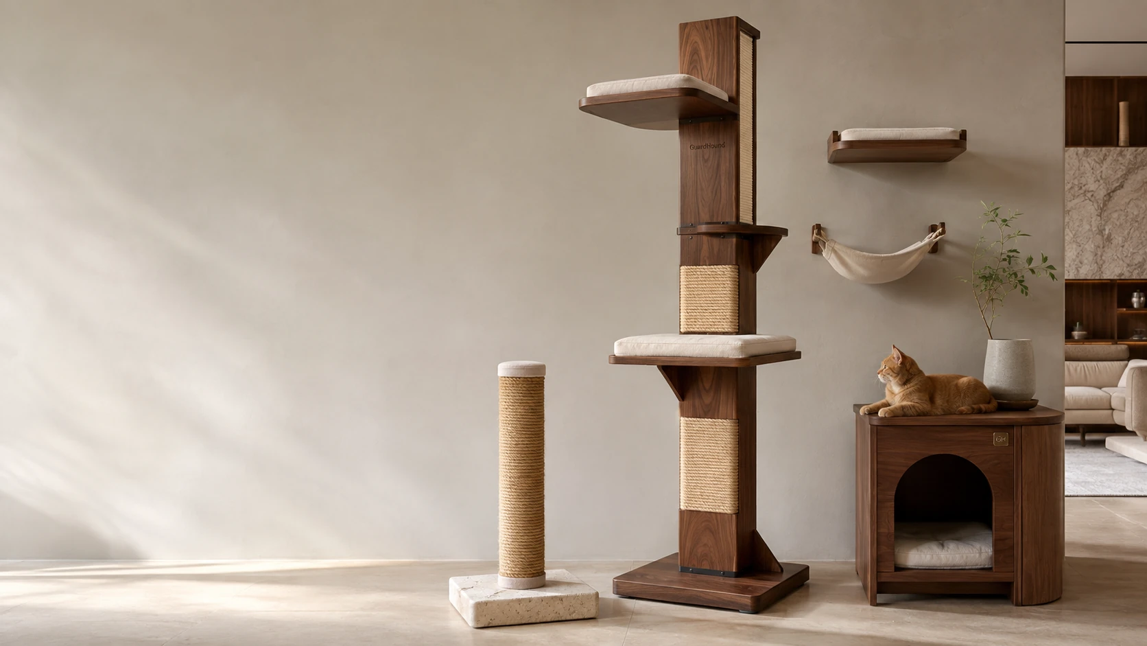 Ecosistema de muebles para gatos en un salón moderno premium: torre de nogal, poste de sisal, plataformas de pared y mesita con casa integrada