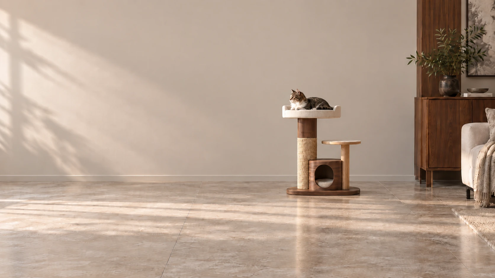 Un salón moderno y refinado por la tarde: el gato descansa en la plataforma superior de una torre de nogal, con su propia altura