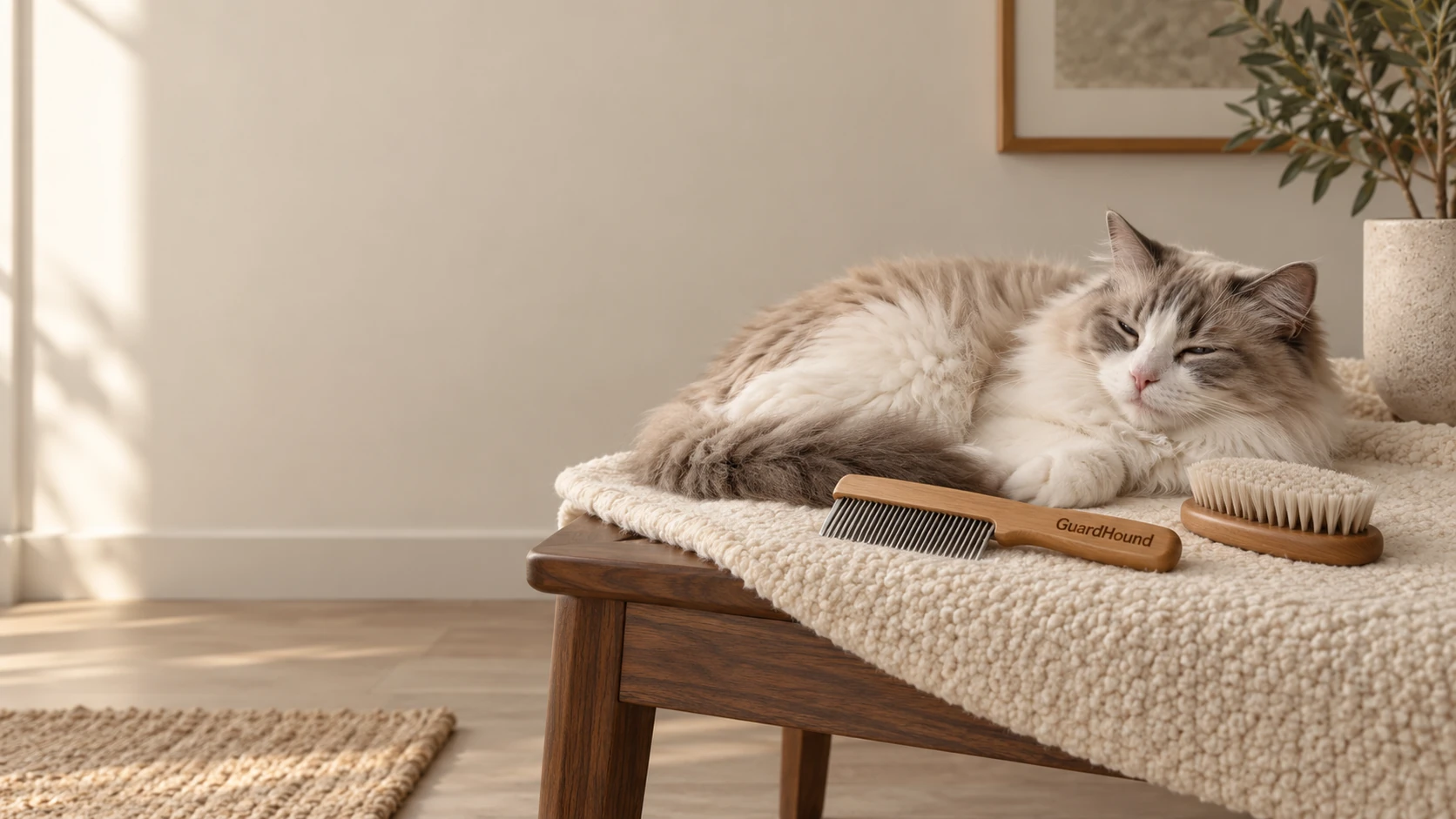 Bajo la luz suave de la ventana, un gato descansa sobre un cojín tejido con el cepillo de mango de madera al lado