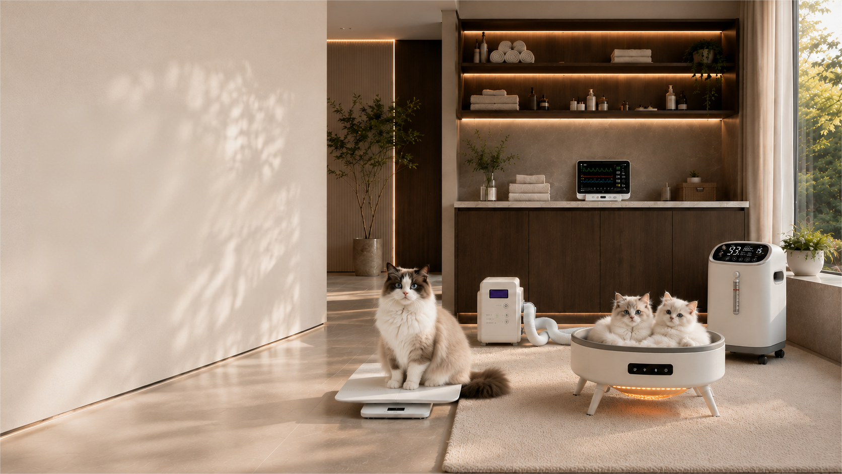 Área de cuidado de la salud en vivienda moderna · gato ragdoll con monitor de ECG para animales, concentrador de oxígeno para mascotas de 5L, eliminador de pulgas inteligente, báscula profesional para mascotas con escala y calentador inteligente con termostato para mascotas