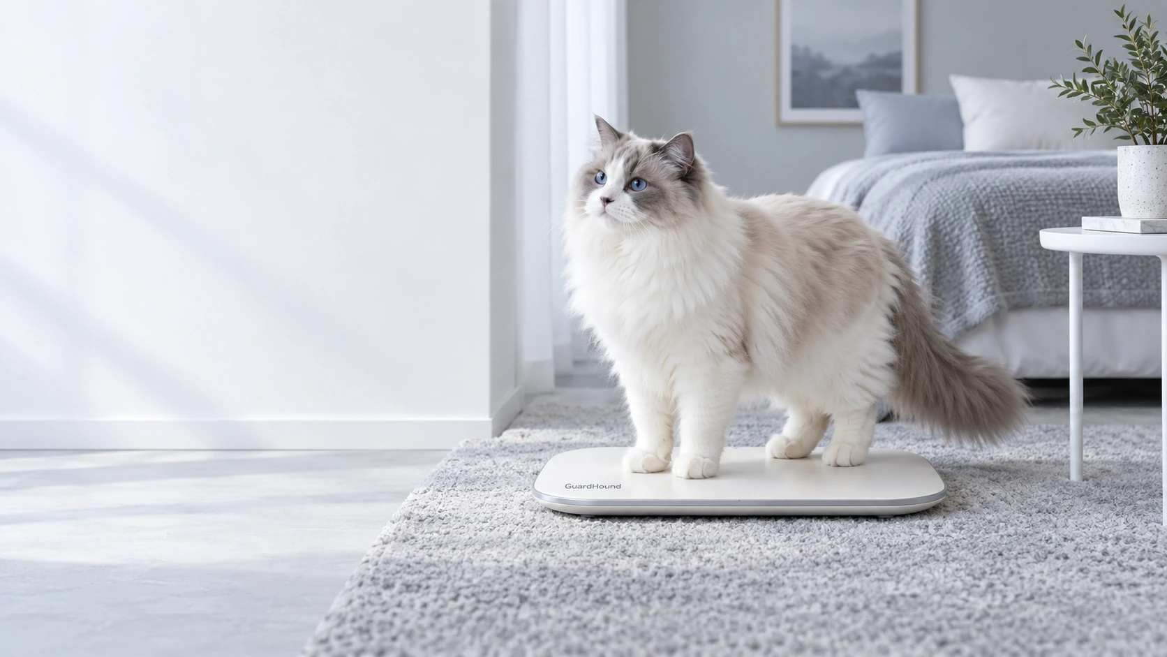 En un rincón silencioso con luz de mañana, el gato sube con naturalidad a una báscula de salud color crema: lo cotidiano queda registrado sin ruido