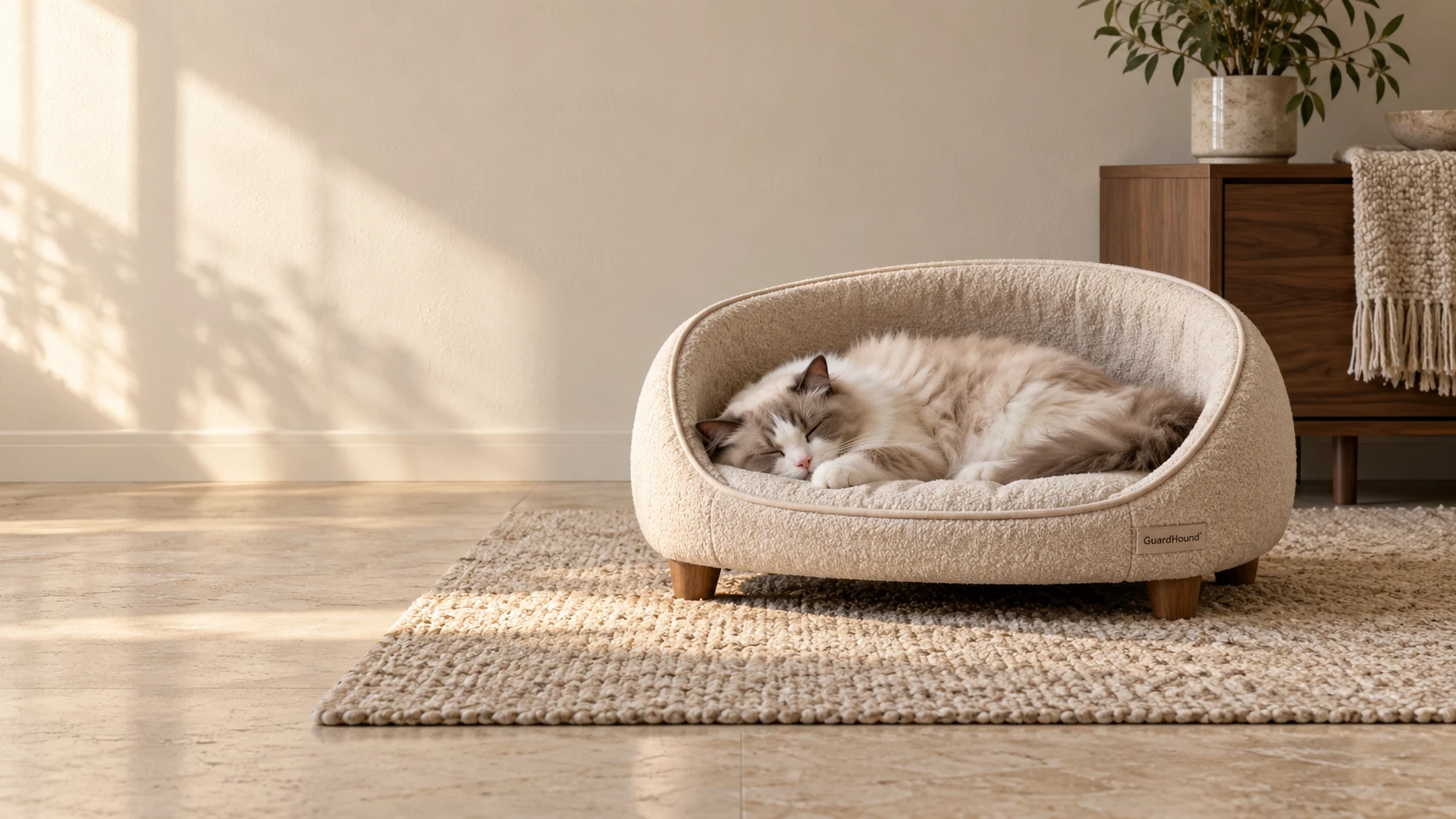 Con la luz cálida de la tarde, un gato de pelo largo duerme en una cama baja semicerrada color avena