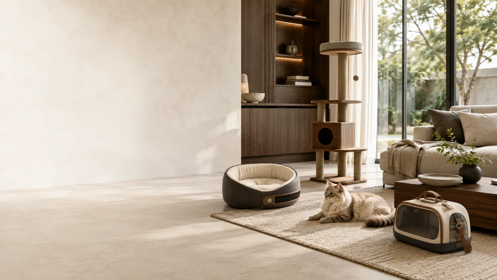 Salón para mascotas moderno premium · un gato de pelo largo junto a una cama inteligente con temperatura constante; tecnología y luz natural en el hogar
