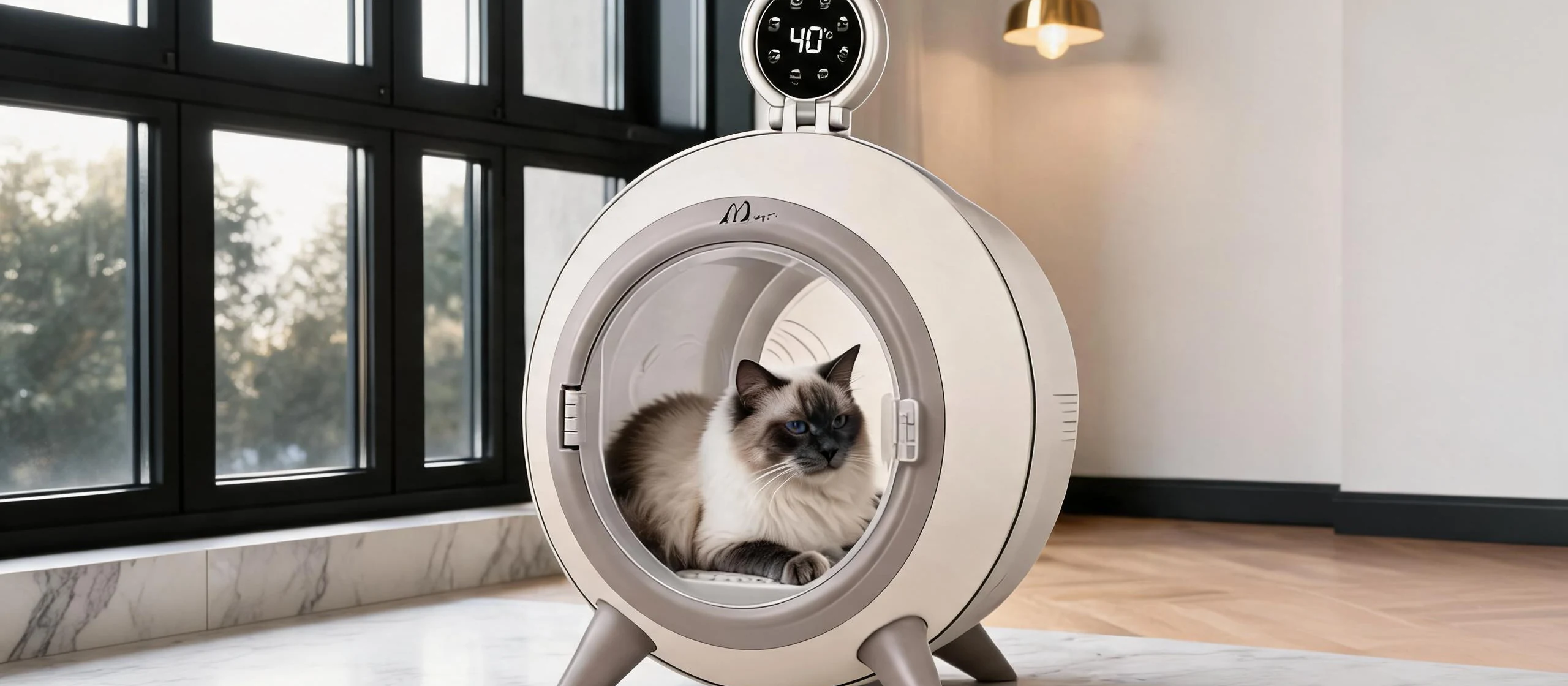 En el salón de una vivienda moderna y refinada, un gato ragdoll descansa en una cápsula inteligente con temperatura constante