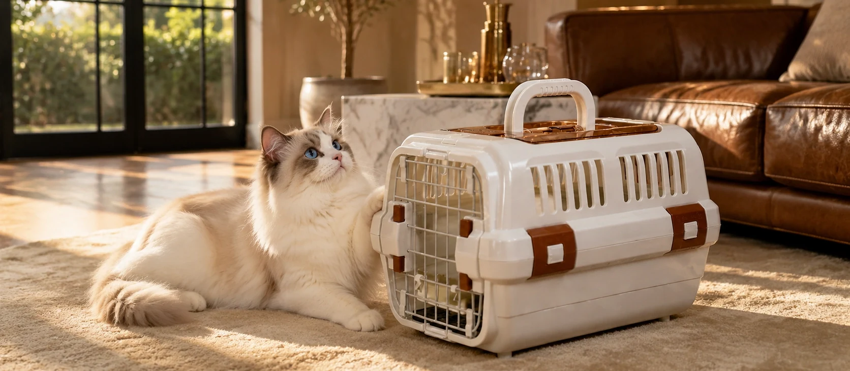 En un salón cálido, el gato y una transportadora de gama alta comparten la calma · un momento sereno antes de salir