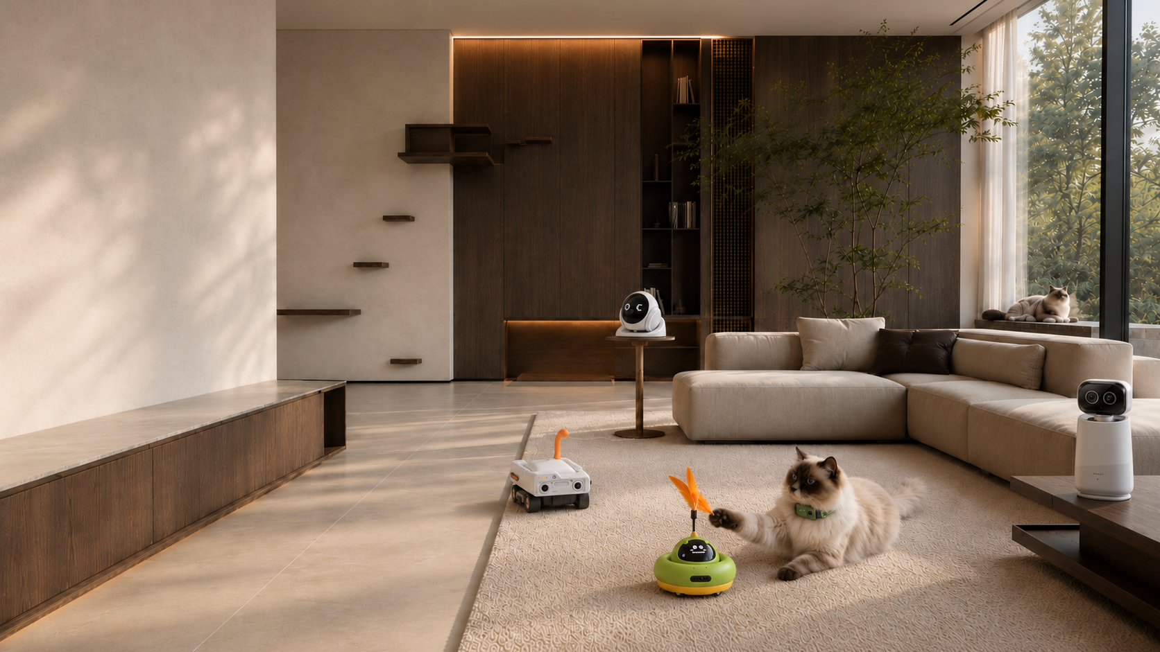 Salón de vivienda moderna de gama alta · gato ragdoll con cámara 360°AI para mascotas, cámara interactiva de sobremesa, robot de compañía, juguete y collar inteligentes