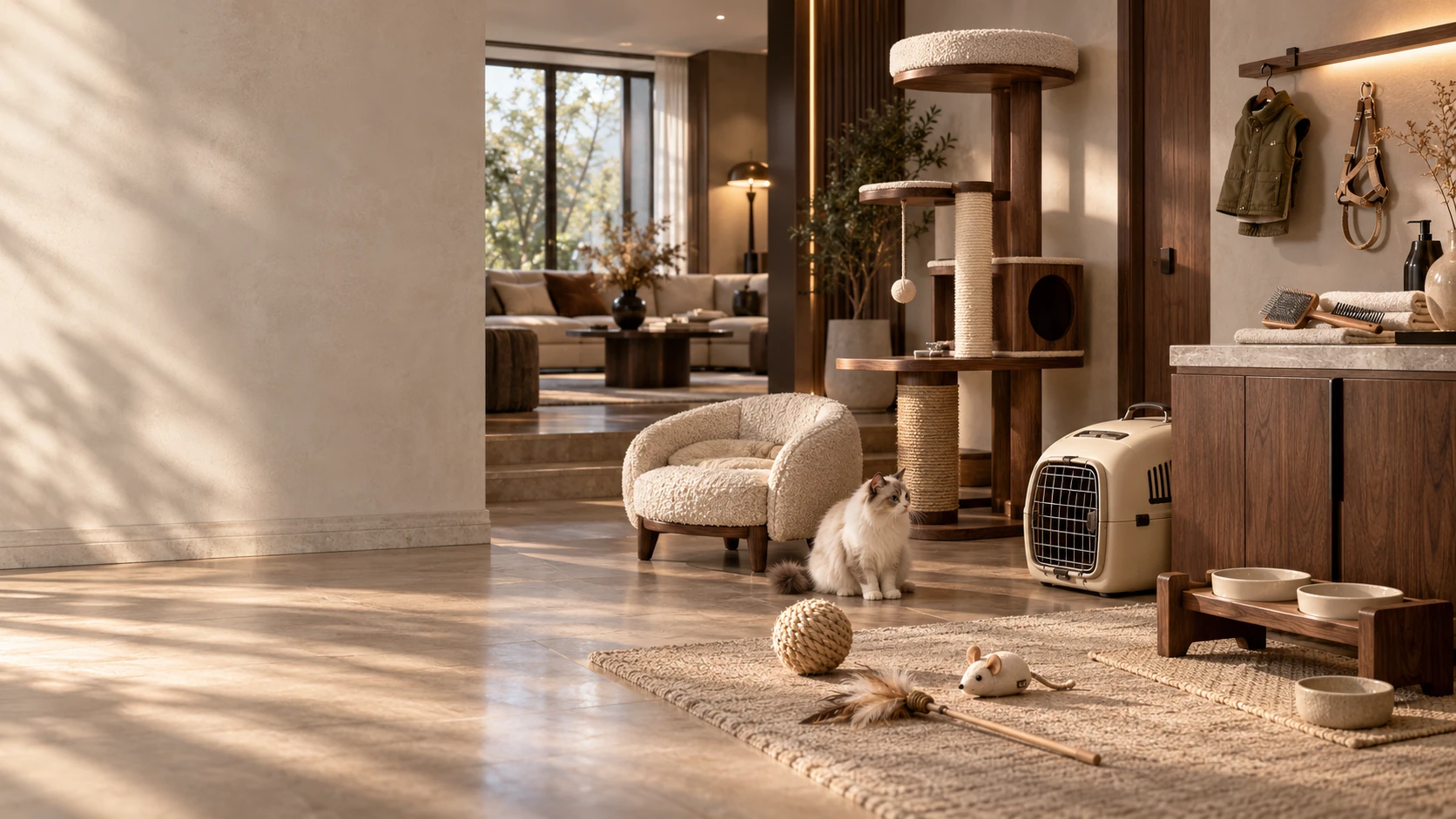 En una vivienda moderna premium, las siete familias de PET ESSENTIALS conviven con naturalidad: cama de tejido, muebles de nogal, transportadora rígida, juguetes, cepillos, cuenco de cerámica con soporte de madera y abrigo con arnés