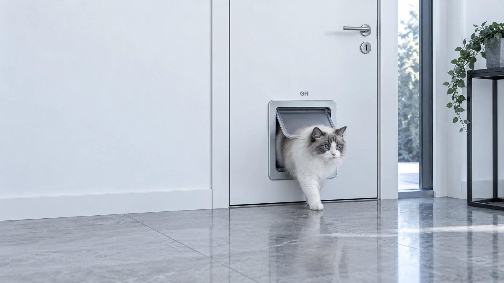 Un recibidor de tonos fríos donde el gato cruza con naturalidad la puerta inteligente empotrada en la pared