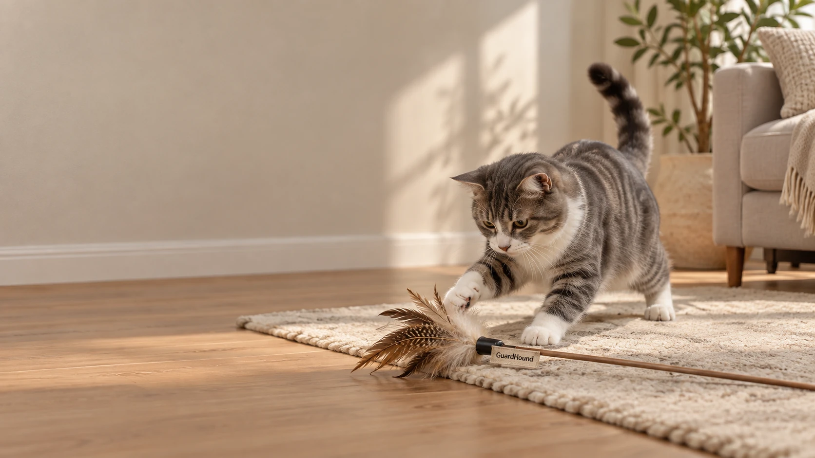 Un salón por la tarde: un gato se lanza hacia una varita de plumas, un instante de juego feliz