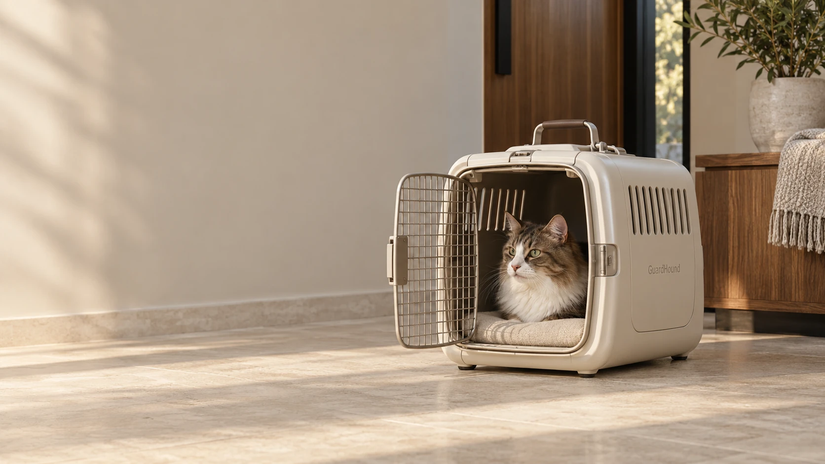 Un recibidor por la tarde: el gato descansa dentro de la transportadora rígida color crema, un momento de calma antes de salir
