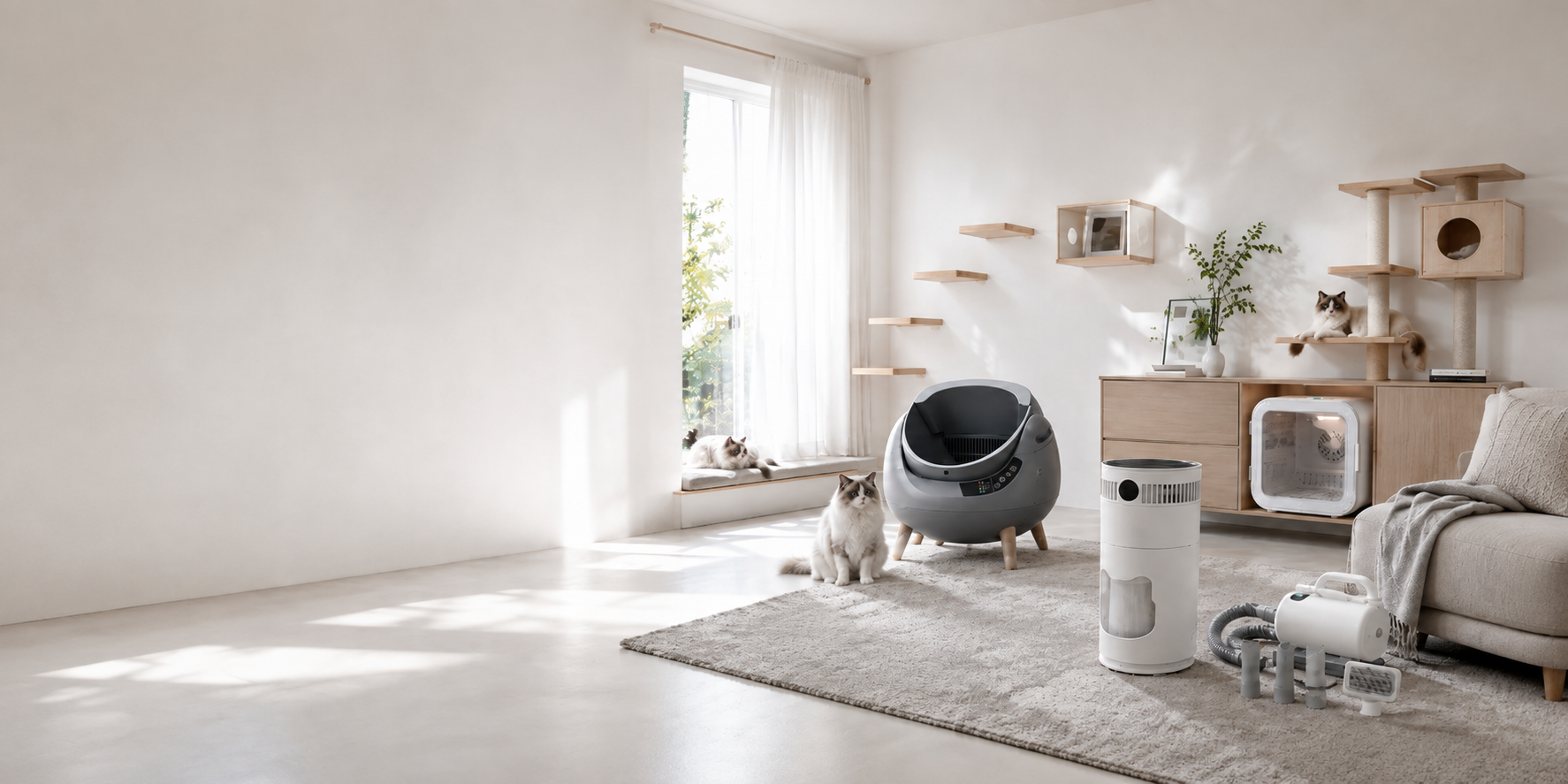 Salón moderno luminoso en blanco frío · arenero inteligente gris · purificador de aire con eliminación de olores · limpieza de pelo y caja de secado en mueble