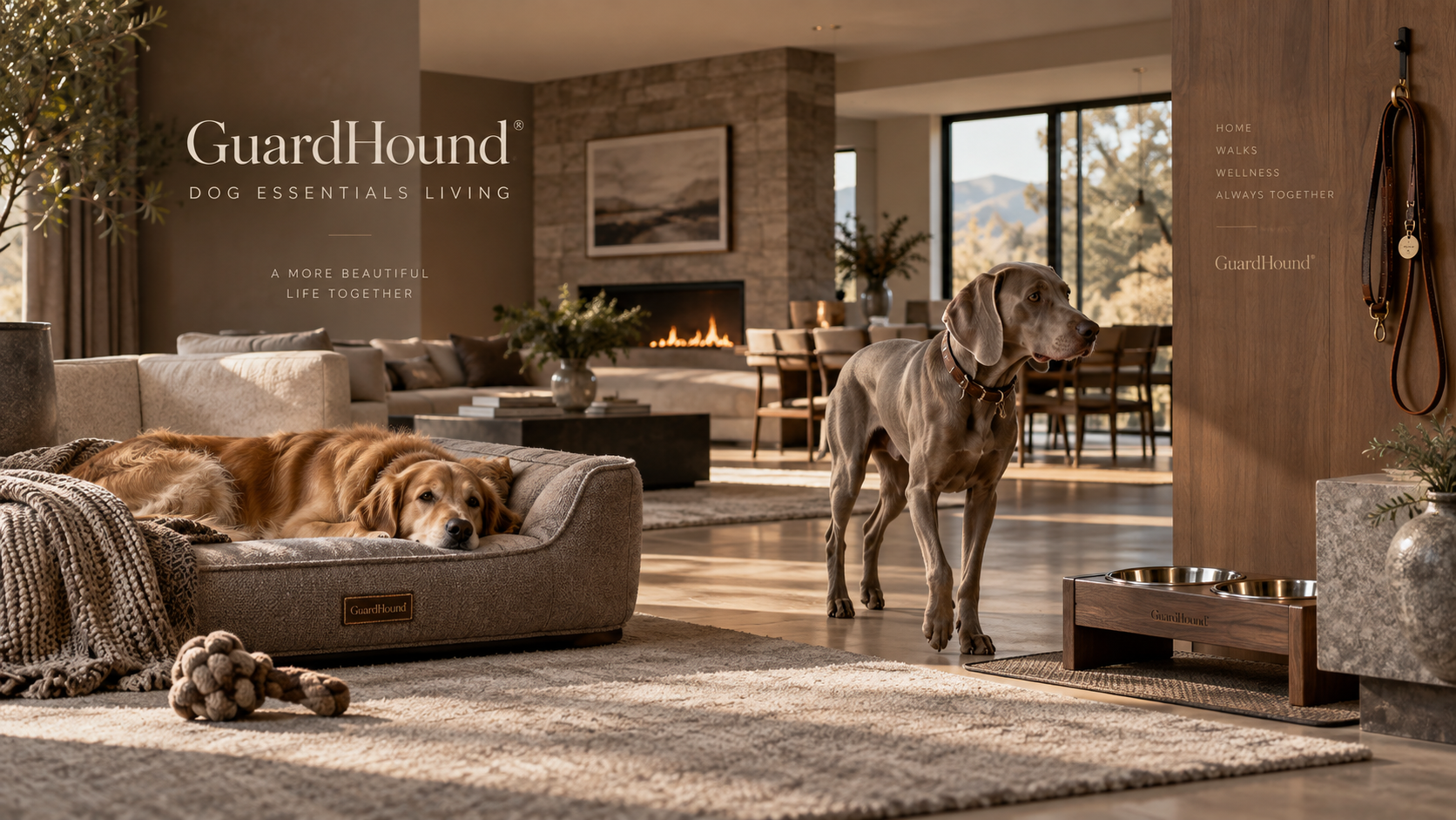 Anuncio de marca GuardHound · DOG ESSENTIALS LIVING · Estilo de vida con productos esenciales para perros