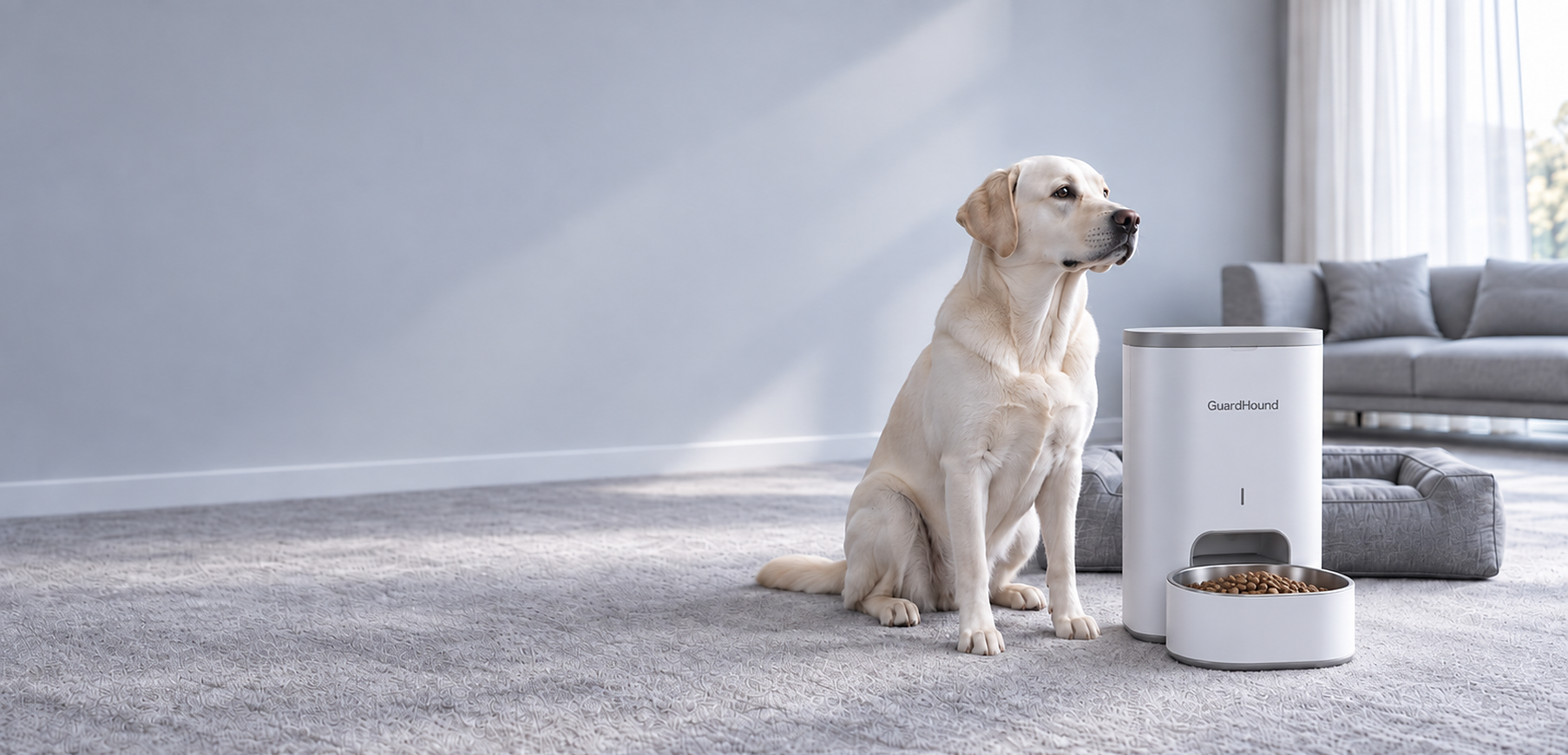 Productos inteligentes y esenciales para perros en un hogar moderno, junto a un perro tranquilo