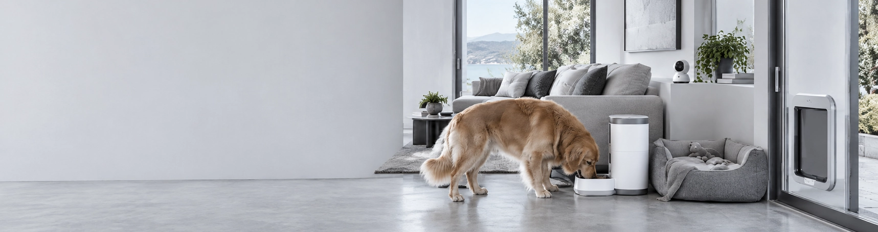 En el salón de una vivienda moderna, un golden retriever come junto al comedero inteligente, con una cama para mascotas, una cámara inteligente y una puerta para mascotas en la puerta de cristal