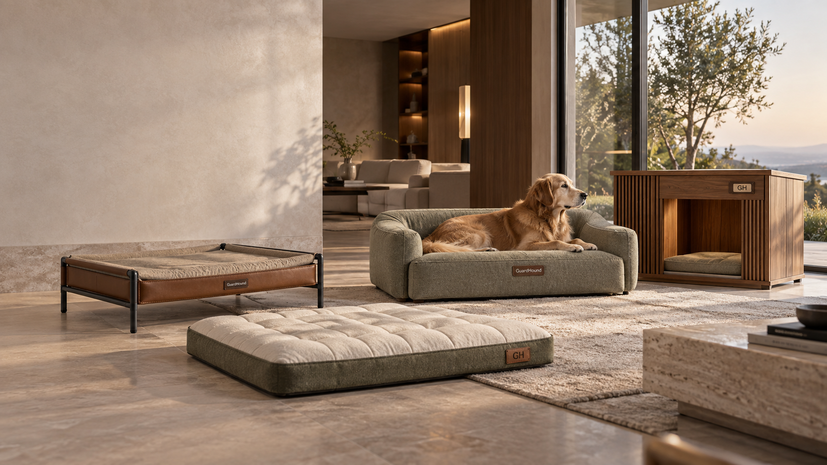 Familia de productos de descanso en casa GuardHound · Salón de una vivienda moderna de lujo discreto: cama canina con estructura metálica, colchón independiente de memory foam, cama sofá para perro (golden retriever descansando) y caseta de madera