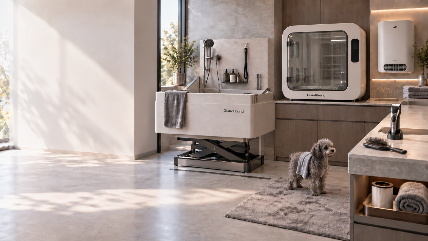 Sistema inteligente de limpieza y cuidado para perros GuardHound · Entorno doméstico de baño y cuidado: mesas de baño y bañeras inteligentes, cámaras secadoras inteligentes, purificadores de aire de pared, herramientas de corte y cepillado, y accesorios de limpieza y cuidado