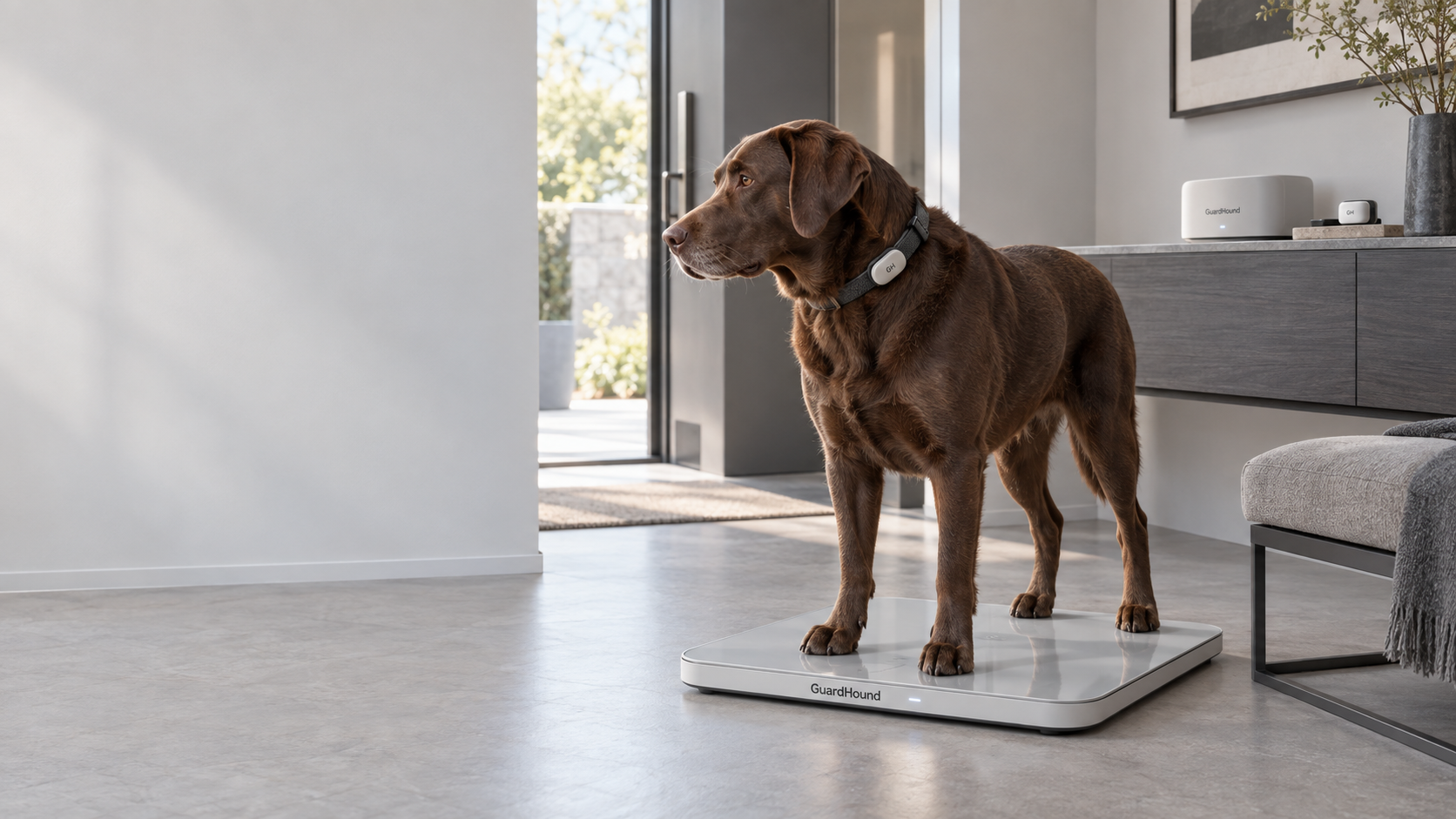 Escena de salud y actividad inteligentes para perros de GuardHound: en el recibidor de una vivienda moderna, un labrador chocolate se sube con naturalidad a una báscula inteligente con el logotipo GuardHound, lleva en el cuello un módulo de seguimiento de actividad GH y, en el mueble lateral, hay un Health Dock doméstico GuardHound y un módulo de sincronización GH para llevar puesto; los datos diarios de peso y actividad se sincronizan de forma continua en el entorno doméstico