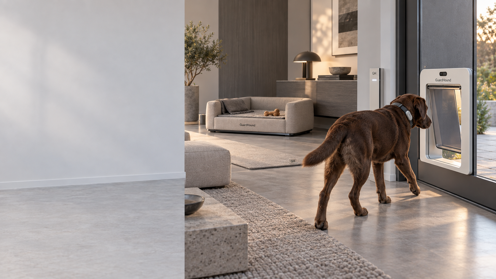Escena de estancia y acceso inteligentes de GuardHound · Vivienda moderna de gama alta: un perro avanza desde la zona de confort del hogar hacia una puerta inteligente para mascotas, con la caseta inteligente con temperatura constante, la almohadilla de confort del hogar y los dispositivos de control de acceso por zonas interiores en el mismo plano