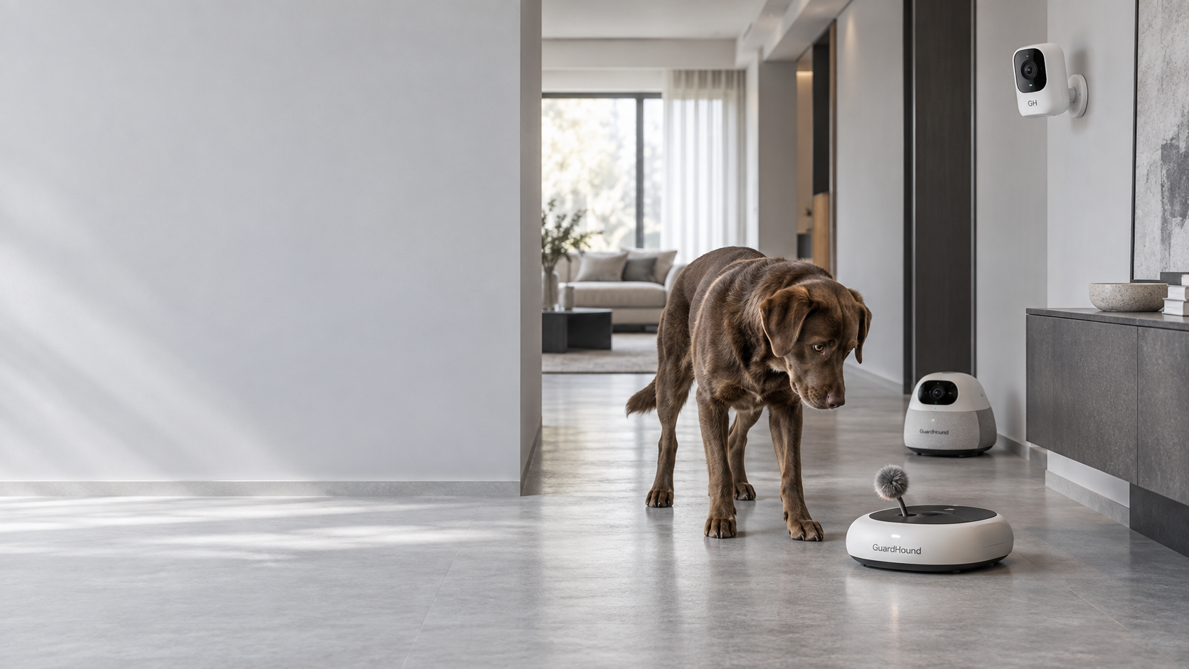 Cámara inteligente para mascotas GuardHound instalada en alto en la pared del recibidor, junto a un dispositivo de interacción en el suelo, mientras un perro adulto cruza el pasillo