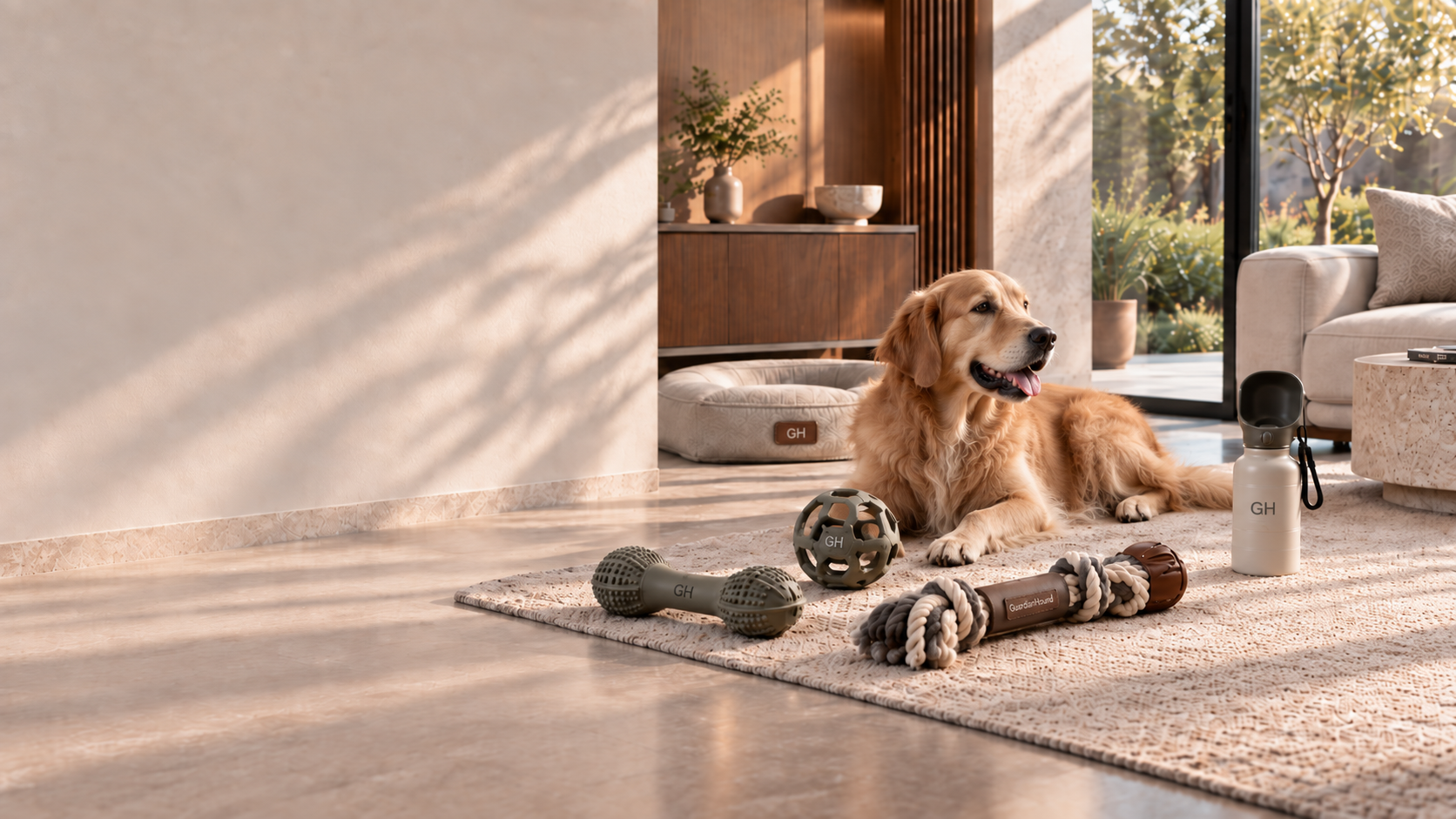 Familia de juguetes caninos dispuesta en el suelo del salón de una vivienda moderna de lujo discreto: hueso mordedor resistente en verde oliva, pelota mordedora de caucho con huecos, nudo de cuerda de tira y afloja de algodón (mango de piel marrón con GuardHound grabado) y alfombra olfativa tejida; a la derecha, un golden retriever tumbado en calma; a la izquierda, pared greige y espacio libre con luz y sombra naturales