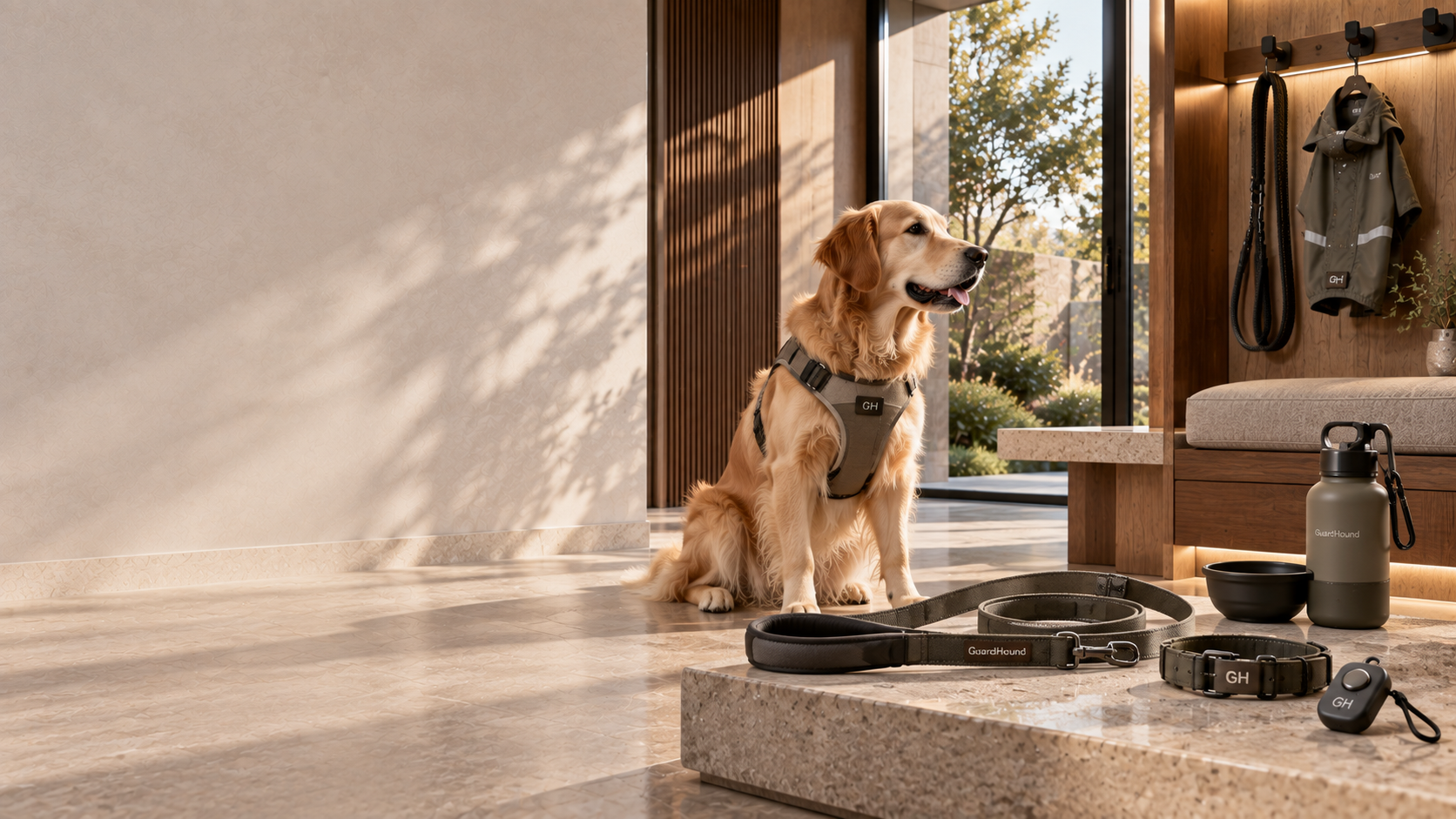 Recibidor de una vivienda moderna de lujo discreto: un golden retriever con arnés GH color oliva sentado junto a un escalón de piedra; sobre la repisa se exhiben una correa de piel GuardHound, un collar GH, un clicker de adiestramiento GH y una botella portátil de agua para exterior; a la izquierda, pared en gris cálido greige y luz natural de ventana