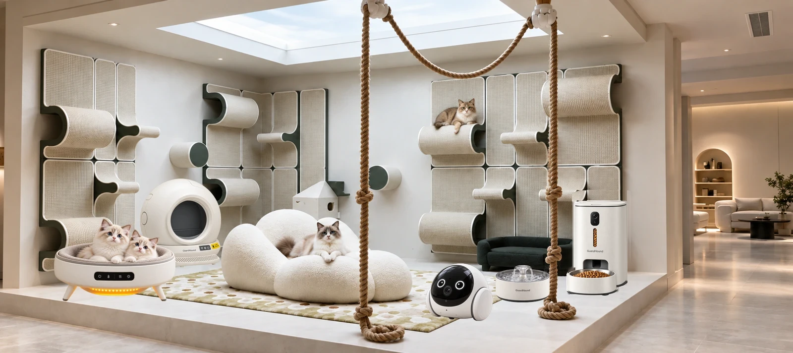 Un espacio habitable diseñado para gatos: sistema modular de rascadores de pared, cama nido en forma de nube, cama tipo cápsula espacial, comedero inteligente y fuente de agua inteligente, con tres gatos en la zona alta, dentro del nido y junto a la fuente