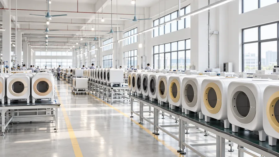 Taller luminoso de fabricación de dispositivos inteligentes para mascotas, con hileras de equipos blancos que se extienden en profundidad a lo largo de dos líneas de producción y operarios trabajando entre ellas